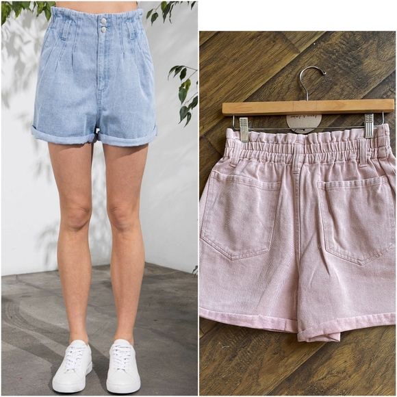 Aaron & Amber Washed Light Denim Blue High Waisted Paperbag Shorts - Picture 6 of 8